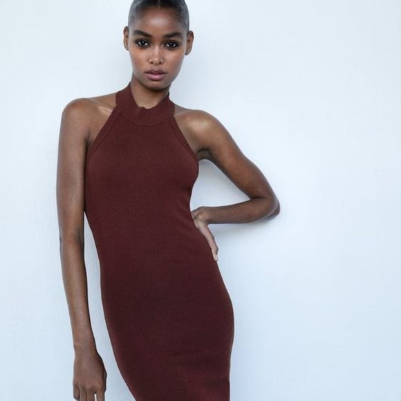 Nwt Zara Halterneck Knit Midi Dress 